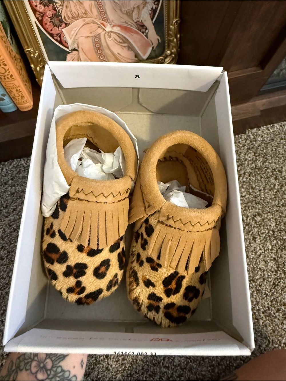 Minnetonka Leopard Print Fringe Baby Moccasins - Tan & Black